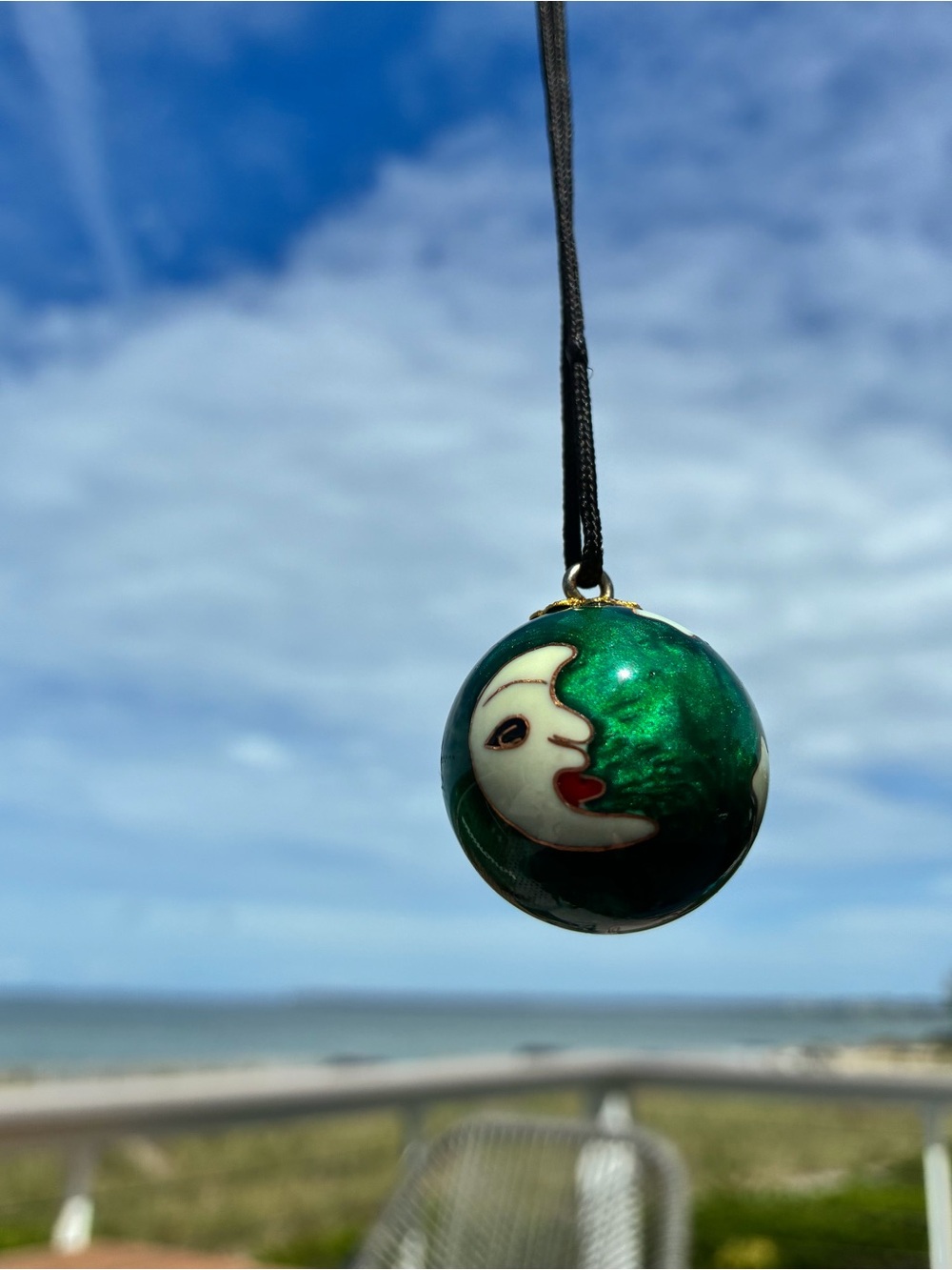 Vintage Enamel Cloisonne Green Man in the Moon Crescent Star Orb Ball Pendant